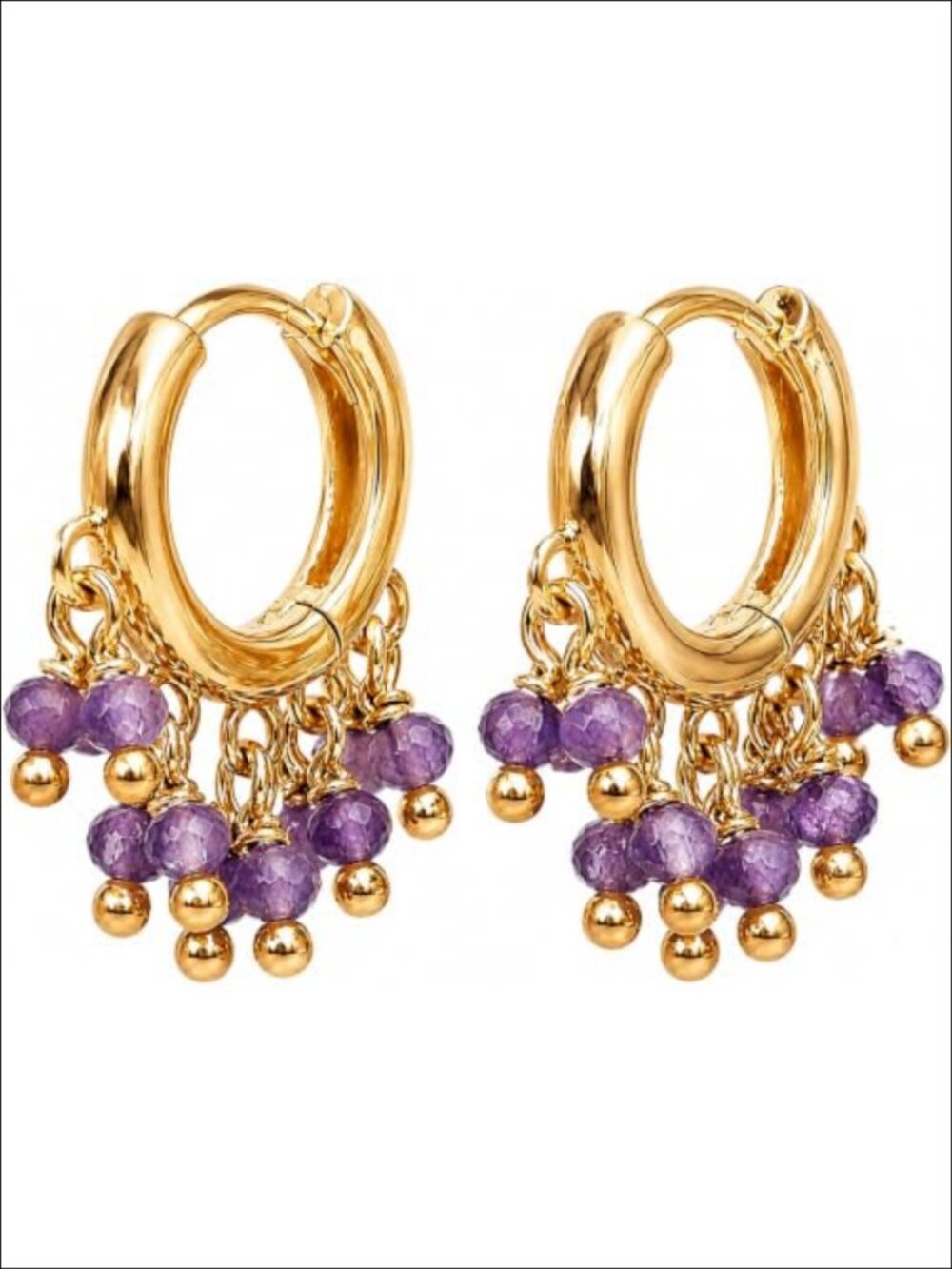 Handmade Amethyst Beaded Hoop Earrings Gold Plated Hinged Snug Fit Women